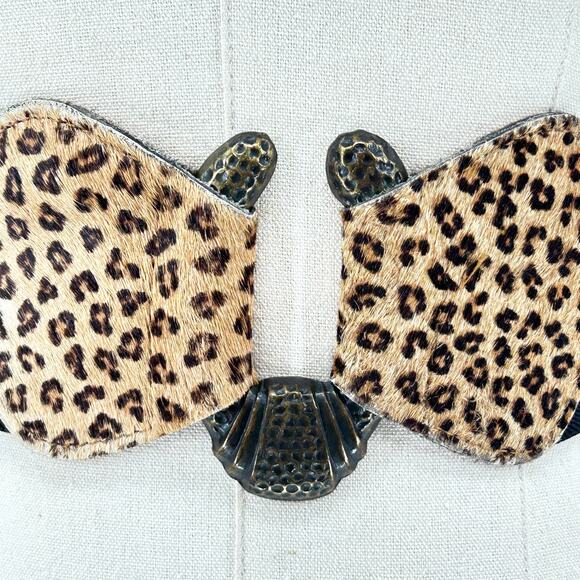 Vintage 80s Nan Lewis Leopard Pony Hair Genuine Leather Wide Belt - Picture 3 of 8